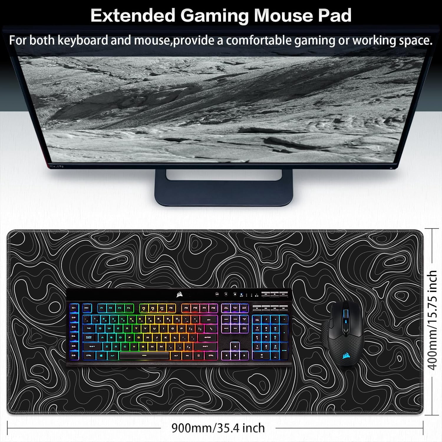 Gaming Mouse Pad, Topographic Contour Mouse Pad 35.4x15.7inch Large Extended Computer Mouse Mat Keyboard Full Desk Mousepad for Gaming, Office, Home