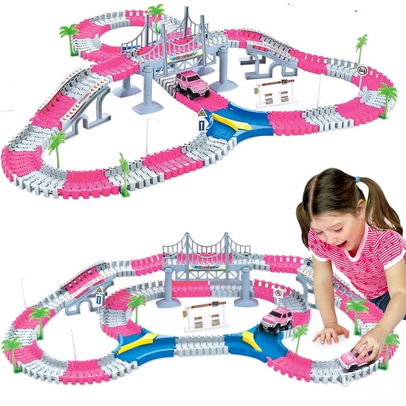 168 piezas de juguete de pista de carreras flexible, mágico, rosa, se unen para crear un juego de coches de pista flexible para niños pequeños, niños y niñas