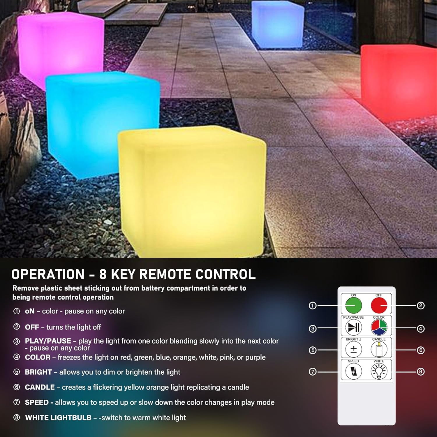 Postlucky Outdoor Solar LED Lamp, 11.8in Cube Waterproof Multicolor Dimmable LED Light for Garden Patio Yard Pool