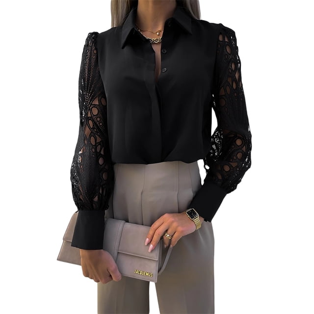 VISgogo - Blusa informal de manga larga para mujer, color sólido, con costuras de encaje, solapa, botones VISgogo moda