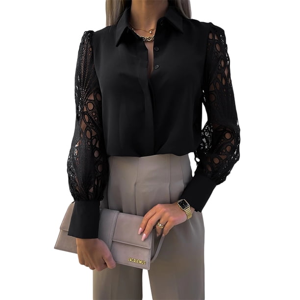SAYOO Mujer Casual Botón Abajo Camisas sólidas Blusa con cuello en V Manga larga Recorte Camisa de verano sólida Blusa de verano Ropa de calle Outwear Camisas de trabajo formales informales SAYOO Moda