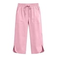 thumbnail image 5 of KIHOUT Women High Waisted Wide Leg Capri Pants Solid Color Drawstring Elastic Waist Casual Cropped Trousers with Pockets Side Slit Summer Beach Pants, 5 of 7