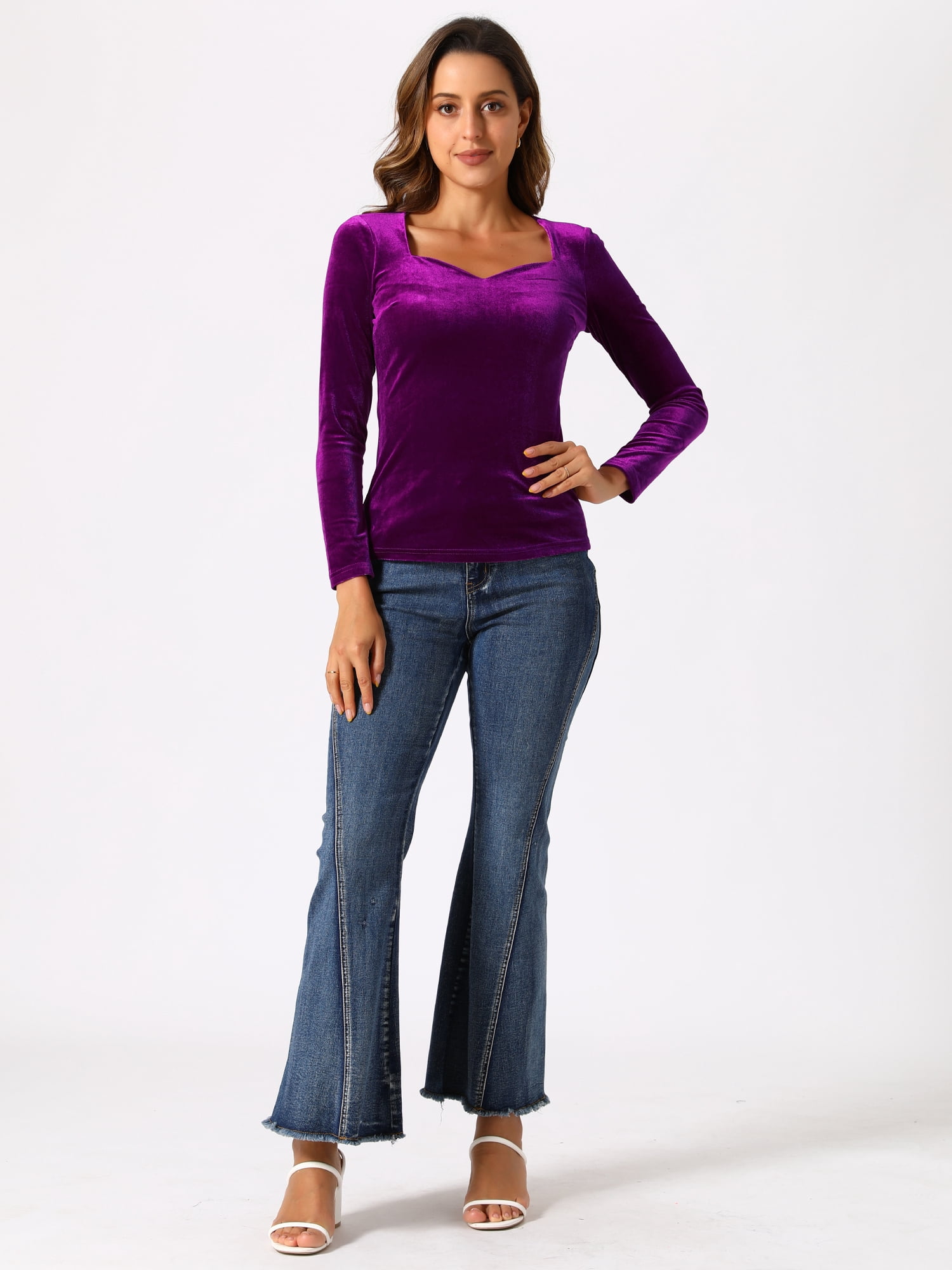 DARING DIVA Women's Velvet Sweetheart Neck Long Sleeves T-Shirt XS Purple Red