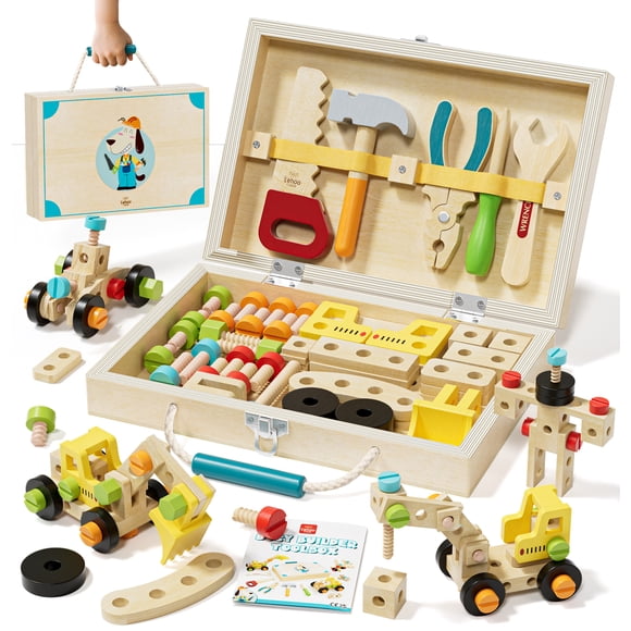 Kids Tool Set for Boys, Wooden Tool Set with Box & Tool Accessories, Monterssori Educational Pretend Play Construction Toys for Boys 2 3 4 5 6 Year Old