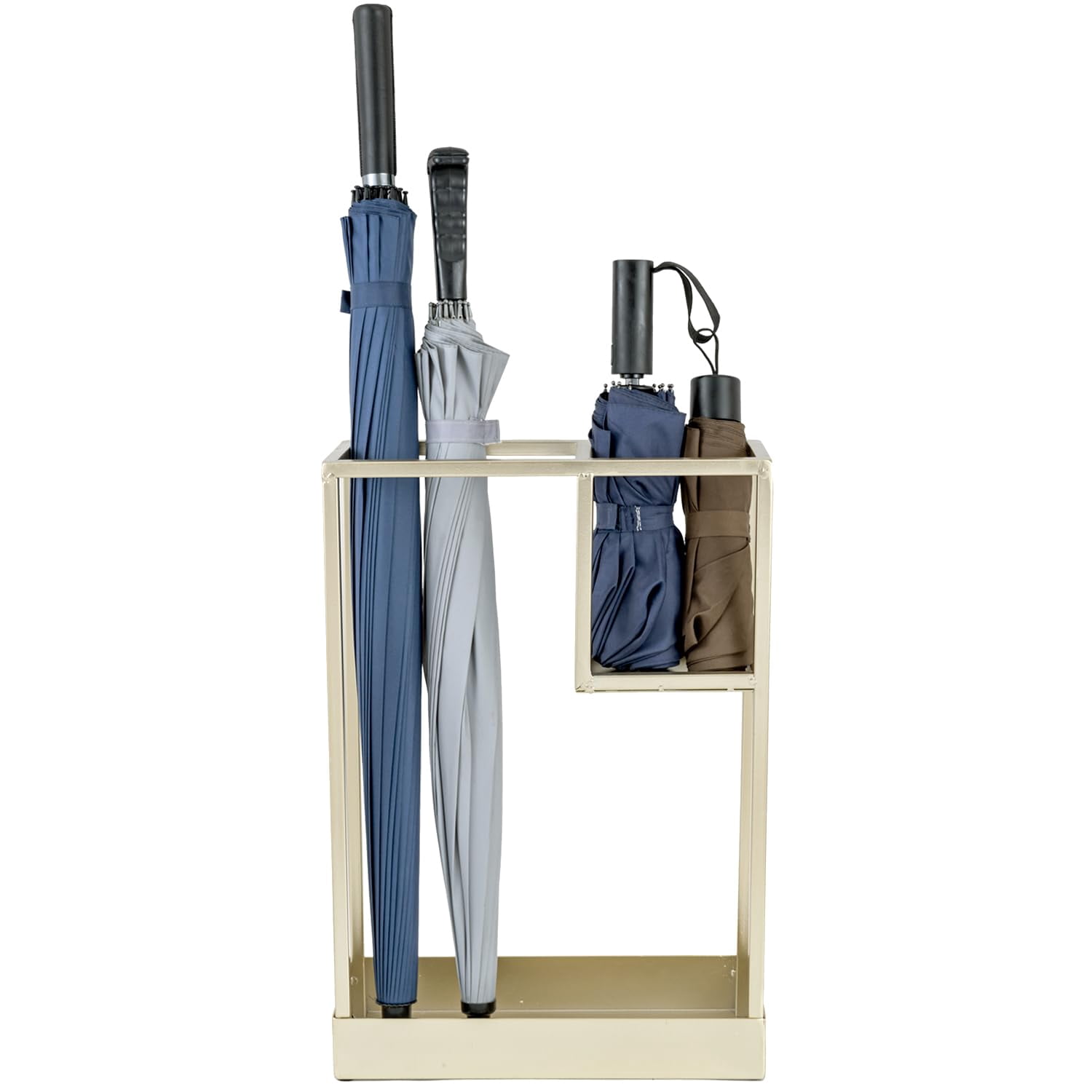 Modern Brass Tone Metal Entryway Umbrella Rack With Geometric Design  13 X 5-inch Wide Rectangular Freestanding Cane Holder Shelf For Small And Bottom Drip Catch Tray