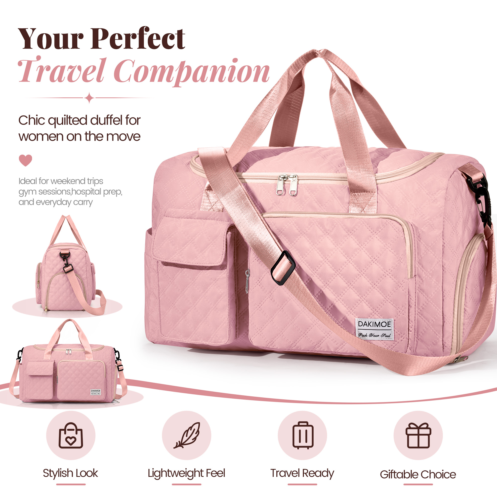 DAKIMOE Travel Duffle Bag with Wet Pocket and Shoe Compartment for Women and Men, Pink photo 2
