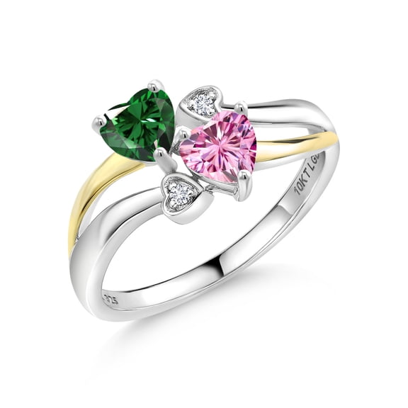 Gem Stone King 925 Silver and 10K Yellow Gold Green Nano Emerald and Pink Moissanite and White Lab Grown Diamond Ring for Women (1.02 Cttw, May Birthstone, Heart Shape 5MM, Size 6)