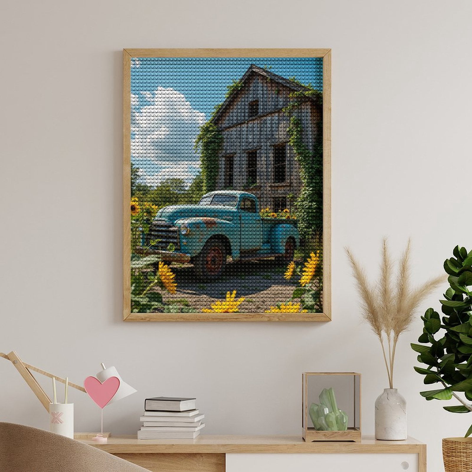 Diamond Art Kits for Adults, Vintage Truck Rustic House Sunflowers 5D Diamond Painting Kits for Adults Beginners, DIY Full Drill Diamond Painting, Gem Art and Crafts 12x16
