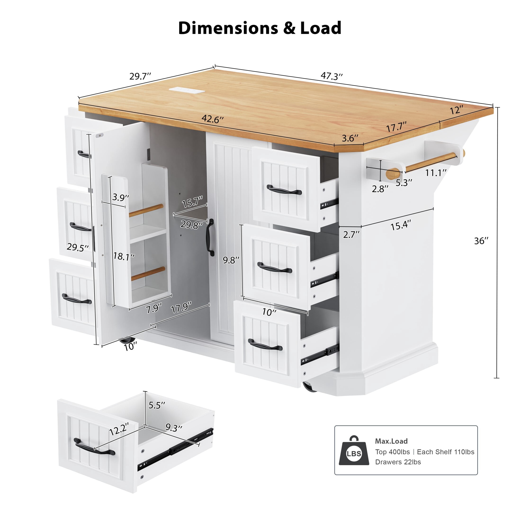 AENKYO 47'' Kitchen Island with Drop Leaf and Power Outlet, Farmhouse Rolling Kitchen Storage Cart with 6 Drawers, White