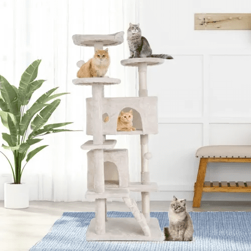 BORGEBY 54in Cat Tree Tower for Indoor Cats，Multi-Level Pet Furniture with Sisal Scratching Post, Large Cozy Condo, Climbing Ramp, Kitten Toy（Beige）