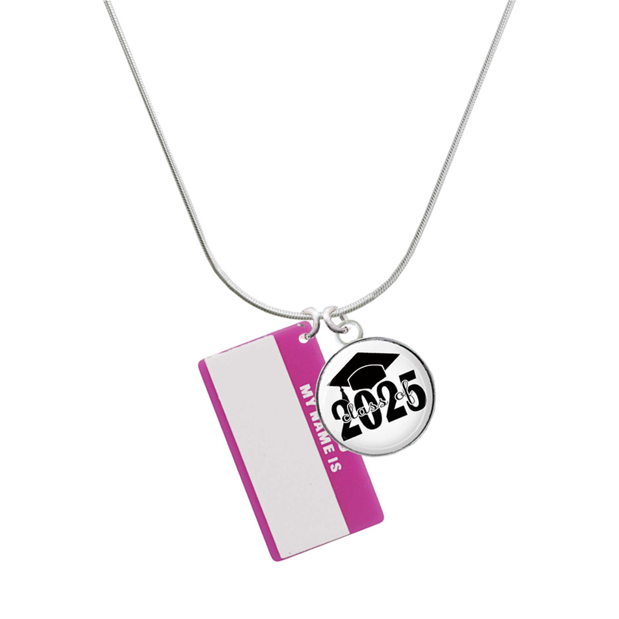 Delight Jewelry Acrylic Pink "Hello" Name Tag - Script Class of 2025 Dome Charm Necklace, 18"