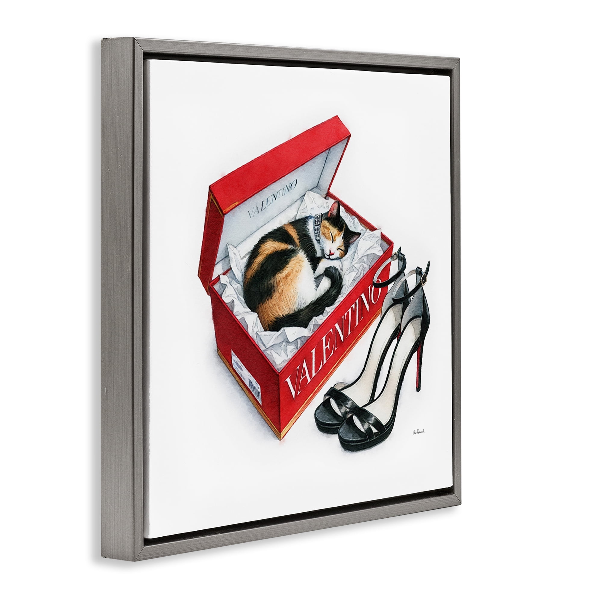 Stupell Industries Trendy Cat Shoebox Animals Painting Gray Floater Framed Canvas Art Print Wall Art, 25 x 25