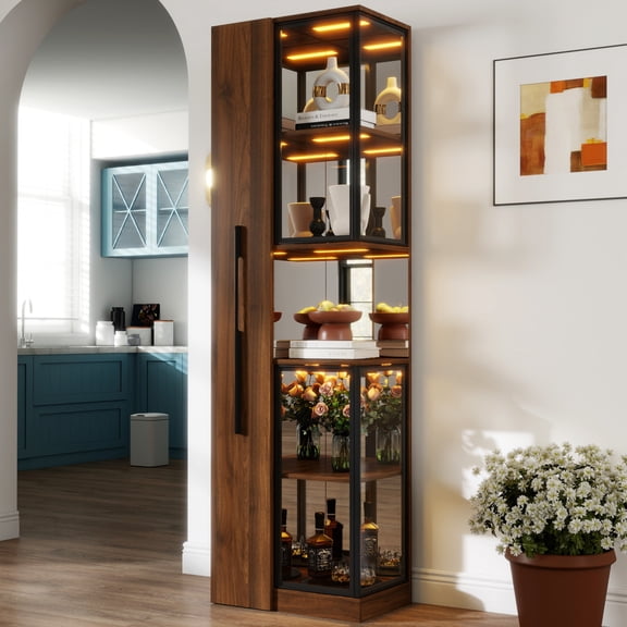 Youmumeub 70" Lighted Display Cabinet with Glass Doors, Modern China Cabinet & Bookcase with 3-Color Adjustable LED System, 5 Shelves, Walnut