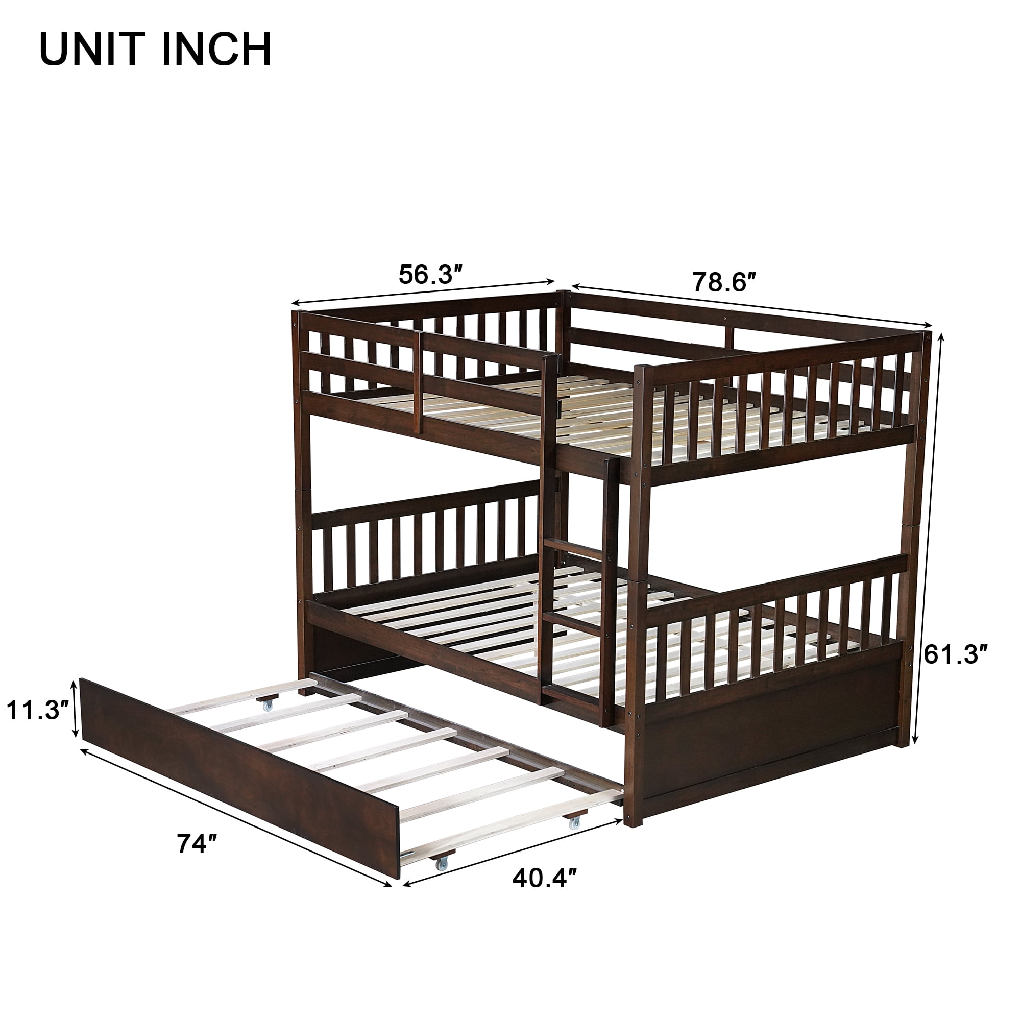 Sailvan Full Over Full Rubber Wood Bunk Bed with Trundle Ladder Guardrails, Convertible to 2 Beds