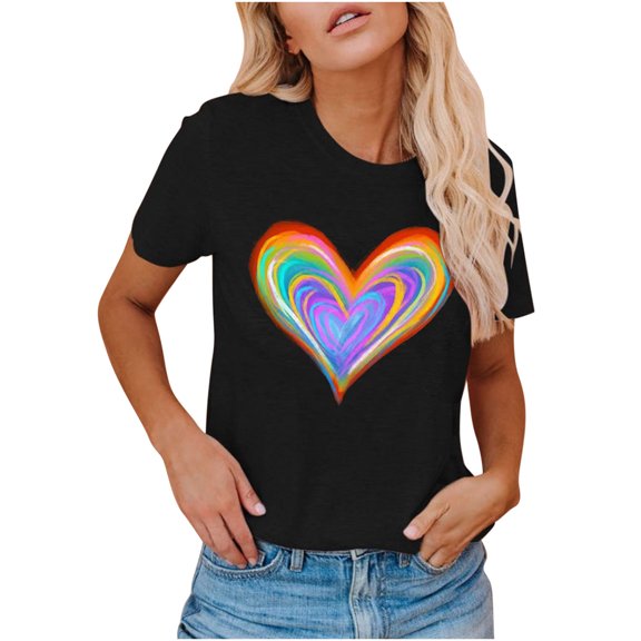 USSUMA Womens Summer Tops and Blouses Trendy Crewneck Rainbow Love Heart Print T-Shirts for Women Dressy Casual Short Sleeve Basic Cute Graphic Shirt Tunics Plus Beach