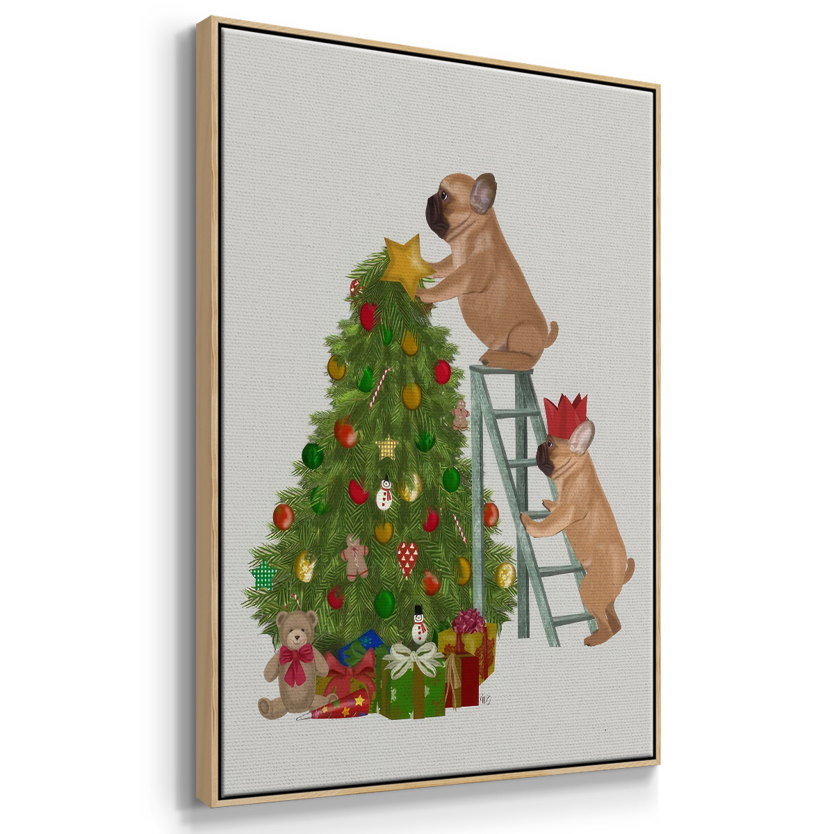 Christmas French Bulldog Tree Ladder - Framed Gallery Wrapped Holiday Canvas - 27 x 41 - Natural Wood Frame