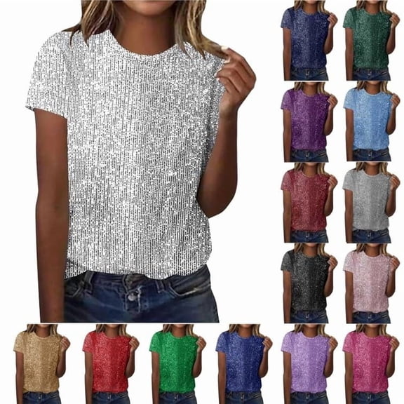 Laqbezok Women's Shiny Sequin Short Sleeve Round Neck Sparkly Top, Party Disco Glitter Tee, Casual Fashion Outfit
