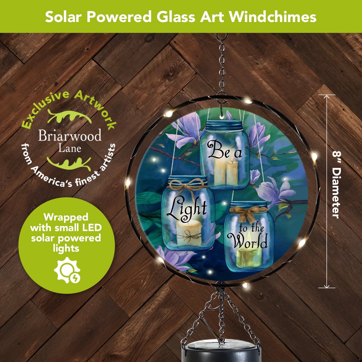 Briarwood Lane Spring LED Illuminated Solar Powered Glass Suncatcher  Wind Chime 37x8 Be a Light To the World For Spring Wind Chime For Outdoors Melodic Metal Windchimes Wind-Chimes