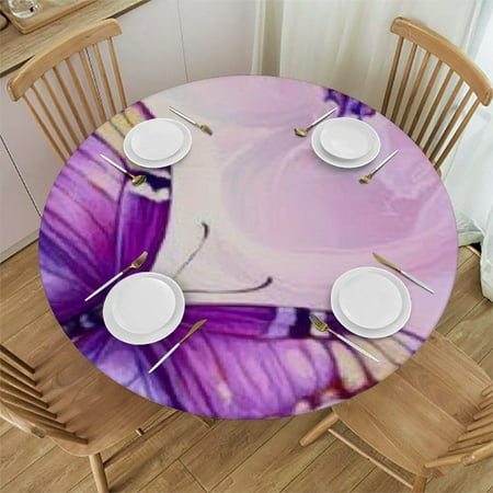 

SHERONV Butterfly Flowers Purple Round Tablecloth Stain-Resistant Washable 54 -58