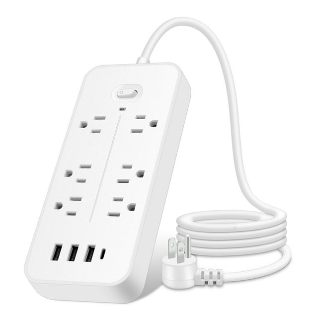 Mistaha 6-Outlet Power Strip with 3 USB Ports and Type-C Charging, 1.2m Cord, Surge Protection, Overload Protection, Mountable, Automatic Shut Off Switch - White