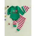 thumbnail image 3 of Christmas Baby Outfits Letter Print Long Sleeve Jumpsuit 3M 6M 9M 12M Casual Striped Pants Hat Set Infant Boy Girl, 3 of 10