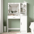 thumbnail image 2 of Hassch 35.4 Inch Makeup Vanity Desk with Lighted Mirror, Dressing Table with Cabinet, Drawer and Open Shelves for Bedroom, 3 Lighting Modes, Adjustable Brightness, White, 2 of 7