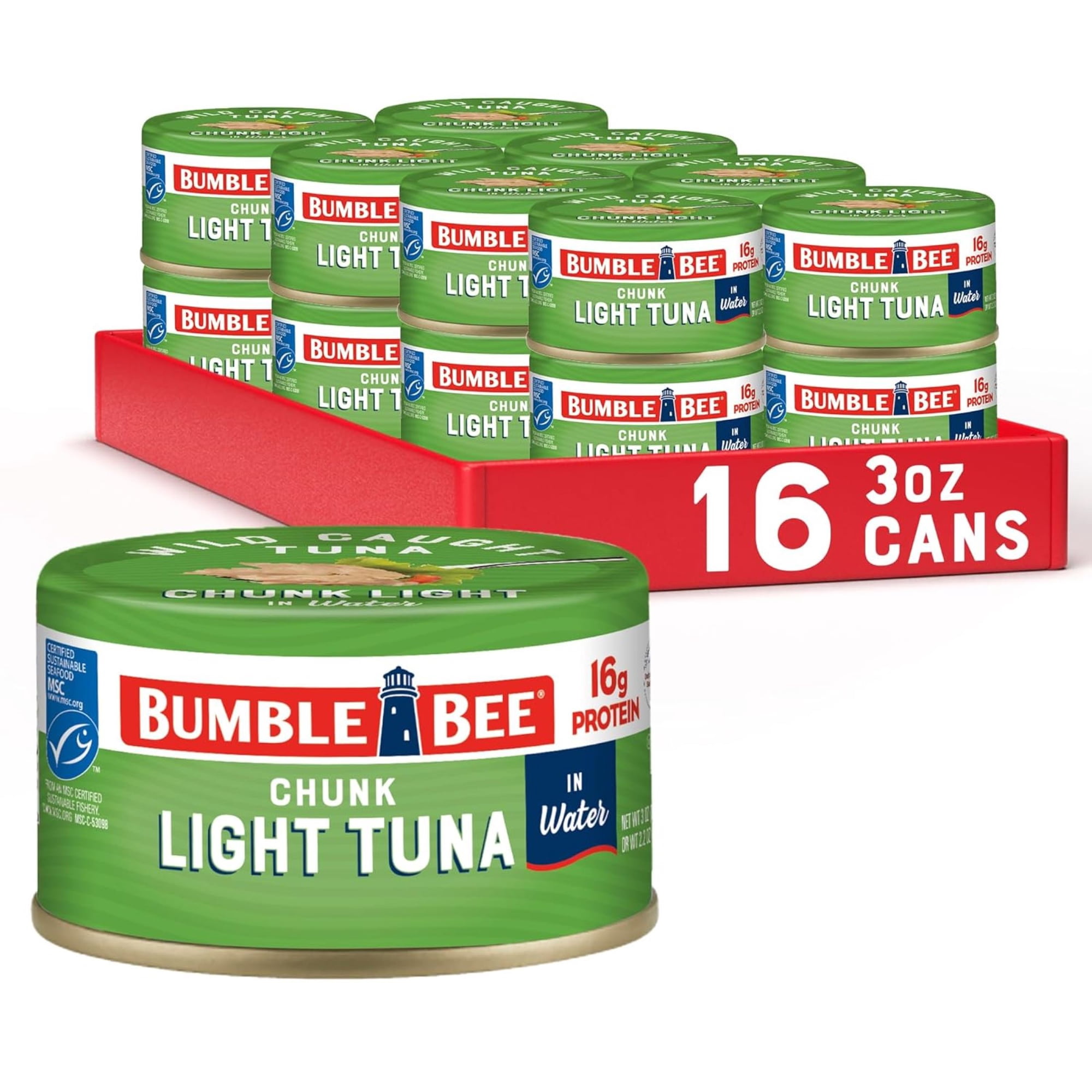 (16 pack) Bumble Bee Chunk Light Tuna, Wild Caught, Gluten Free, 16g Protein per Serving, Ready to Eat, Shelf Stable Pull Tab Can, 3oz