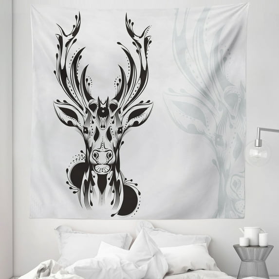 Antlers Tapestry, Tribal Deer Head Shadow Art Emblem Wilderness Ornamental Monochrome Art, Fabric Wall Hanging Decor for Bedroom Living Room Dorm, 5 Sizes, Pale Grey Black, by Ambesonne