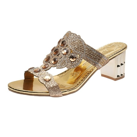 

High Heels Ladies Fashion Summer Colorful Rhinestone Chunky High Heel Open Toe Sandals High Heels For Women Pu Gold 37
