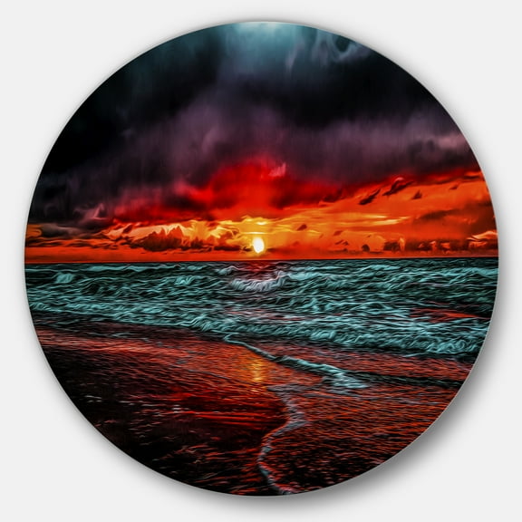 Designart 'Red Sunset over Blue Waters' Ultra Vibrant Seascape Metal Circle Wall Art