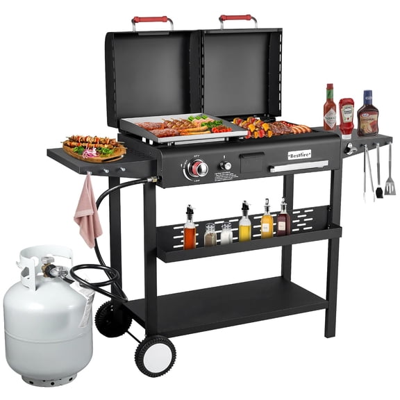 Bestfire Double Fuel Propane Gas Charcoal Grill Combo Black Dual Lids, 2 Side Shelves for Outdoor and Backyard Cooking
