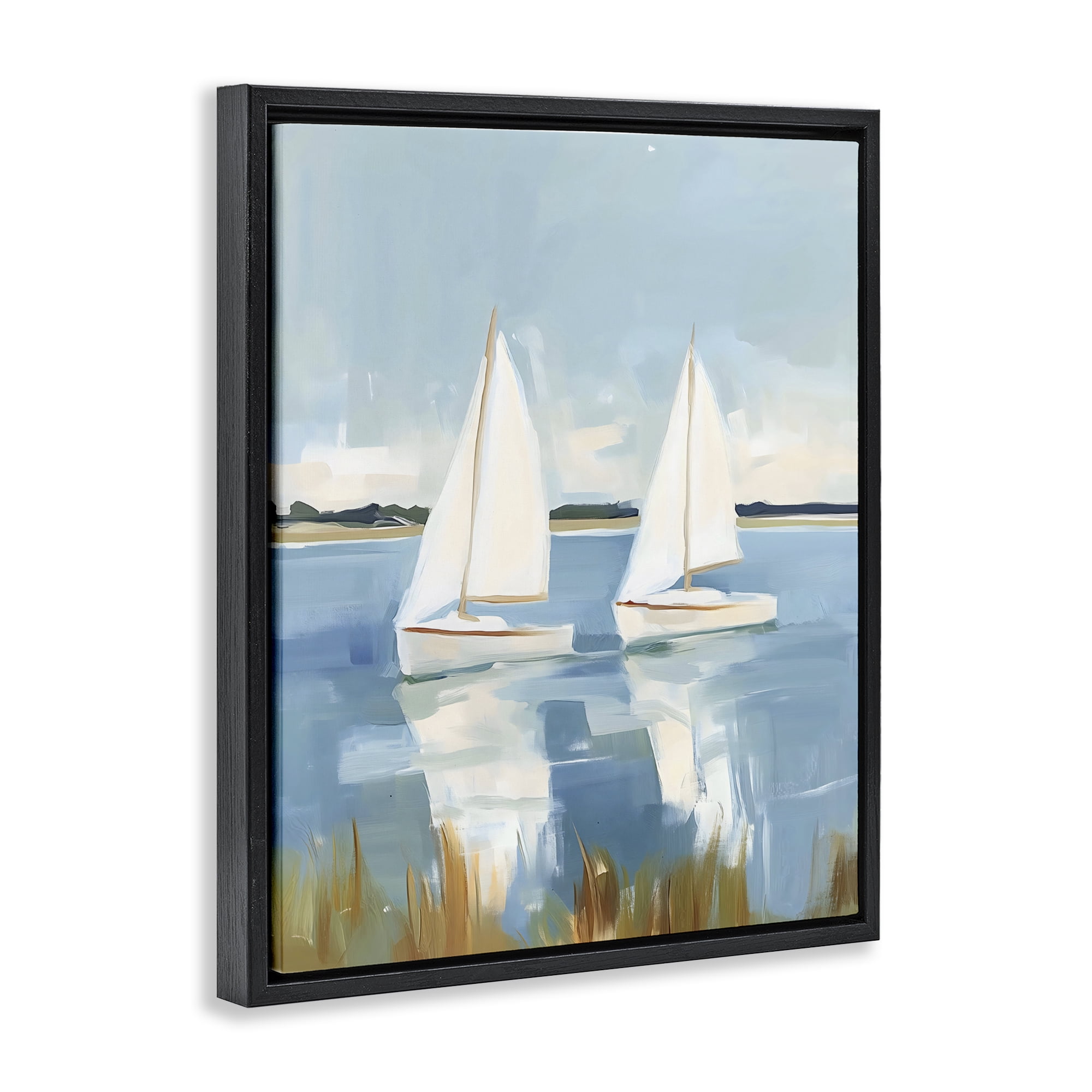 Stupell Industries Twin Sailboats By Shore Black Framed Floater Canvas Wall Art, design by The Prints Vibe