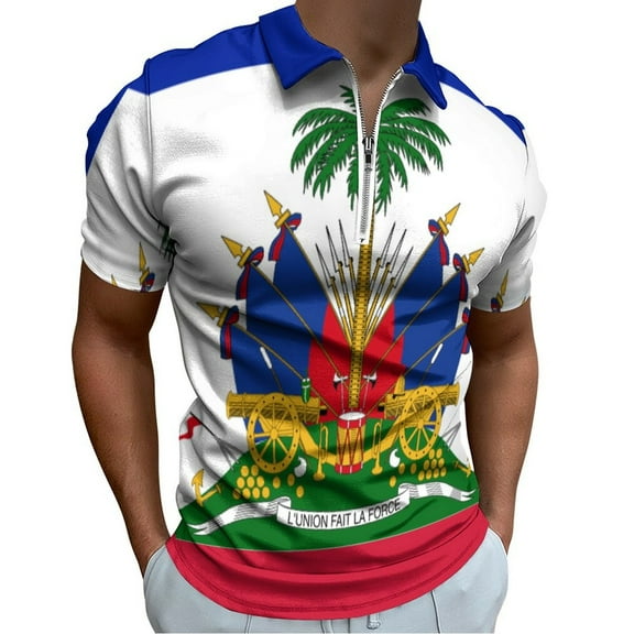 Haiti Haitian Flag Coat of Arms Red Men Zipper T-shirt Summer Casual Short Sleeve T-shirt Top