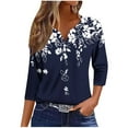 thumbnail image 2 of HOMBOM V Neck Blouses for Women Navy 3/4 Sleeve Pullover 2025 Button Drop Shoulder Flowers T Shirt, 2 of 4