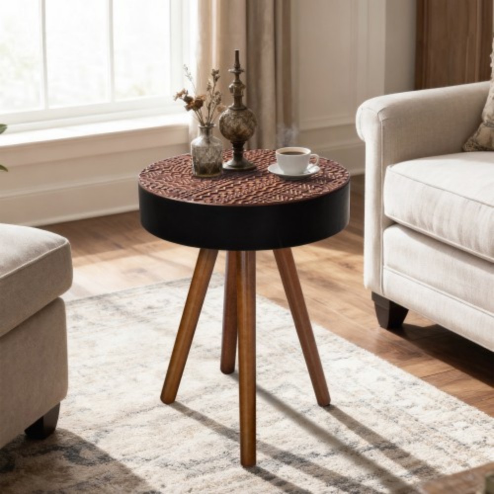 15.7" Round Drink Table, Small Wooden Side Table with Solid Wood Legs, Mid-Century Modern Accent Table for Living Room, Bedroom, Sofa, Brown & Black