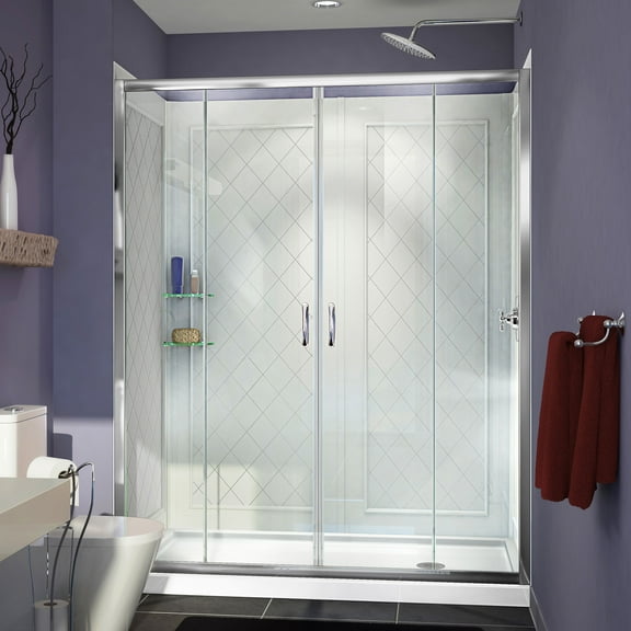 DreamLine Visions 32 in. D x 60 in. W x 76 3/4 in. H Sliding Shower Door in Chrome with Right Drain White Base, Backwalls