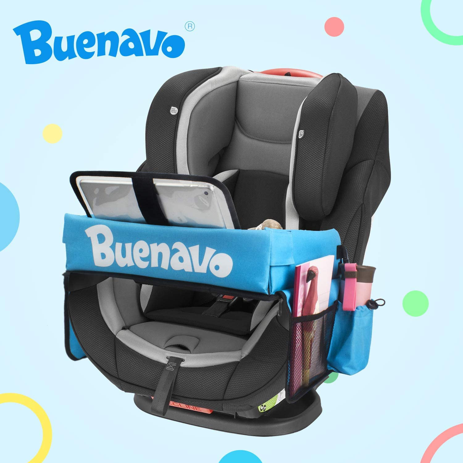 Stroller New Version Airplane Car Seat Organizer Kids Travel Tray for Kids Toddlers Activities in Car Seat Touch Screen iPad Holder Waterproof Dry Erase Top Side Pocket & Water Bottle Holder 