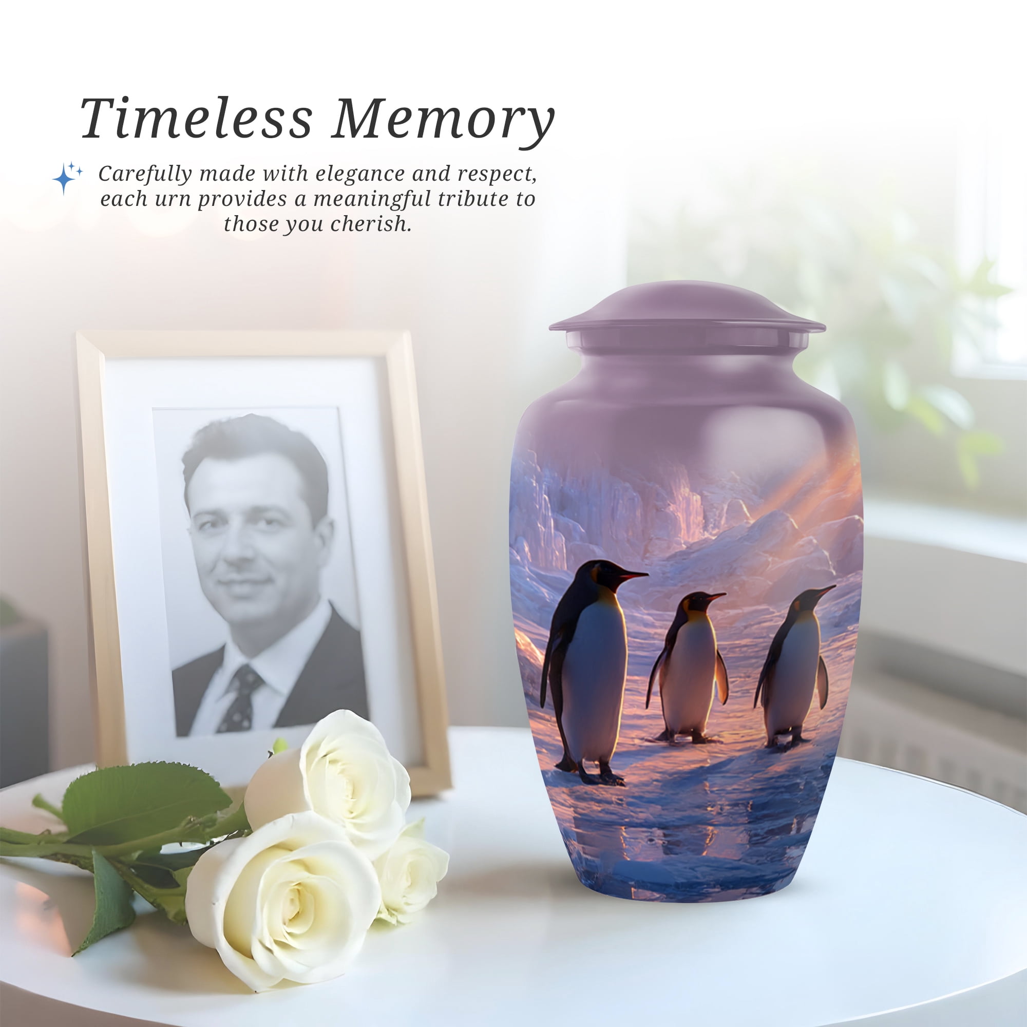 Penguins Large Decorative Urns For Men, Blue Urns For Men Ashes Adult Male, Memorial Cremation Urn For Human Ashes Adult Female, Funeral Urn For Mom And Dad, 10 Inch