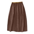 thumbnail image 3 of Women's Cotton Linen Midi Skirt with Pockets Casual Flowy Swing Elastic High Waist A-Line Split Long Boho Skirts Coffee M, 3 of 4