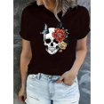 thumbnail image 1 of Women's Casual Geometric Skull & Butterfly Floral Print T-Shirt - Medium Stretch Knit Fabric, Round Neck, Short Sleeve, Comfortable Summer Top, 1 of 2
