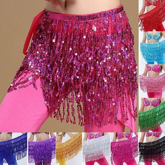 Dengjunhu Women's Sequin Skirt Glitter Belly Dance Hip Skirt Tassel Scarf Rave Skirt Wrap Party Costume