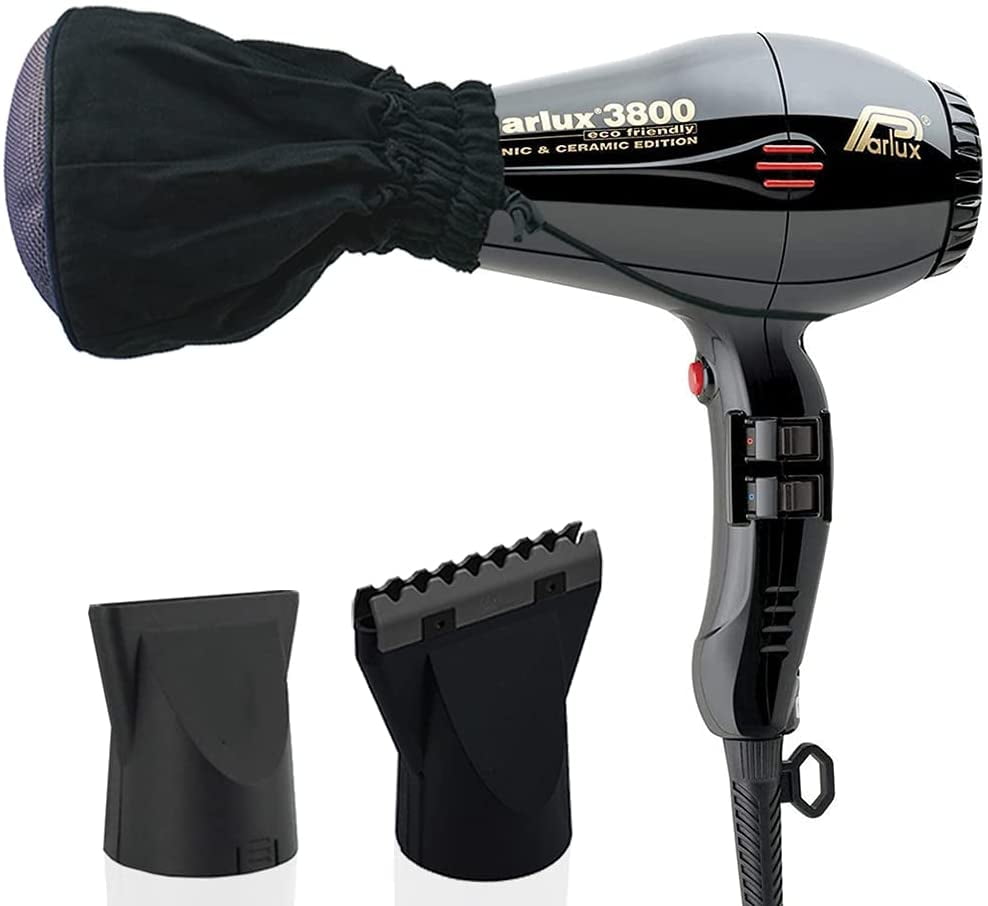 Parlux 3800 BLACK Eco Friendly Ionic and Ceramic Hair Dryer, M Hair Designs  Metal Mesh Diffuser and M Hair Designs Hot Blow Attachment Black (Bundle -  3 items) 