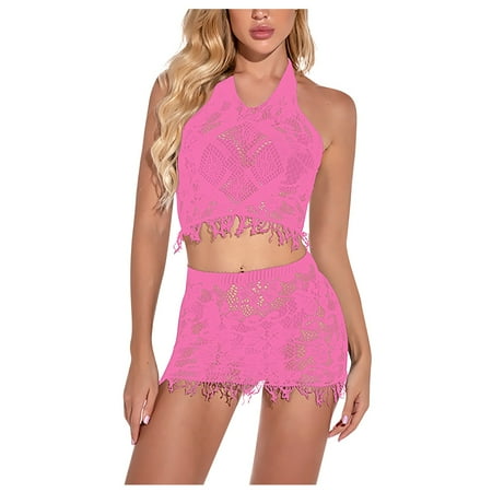 

EHTMSAK Sexy Lingerie Set for Women Babydoll Halter Tassle Lingerie Lace Bra and Panty Set 2 Piece Pink One Size