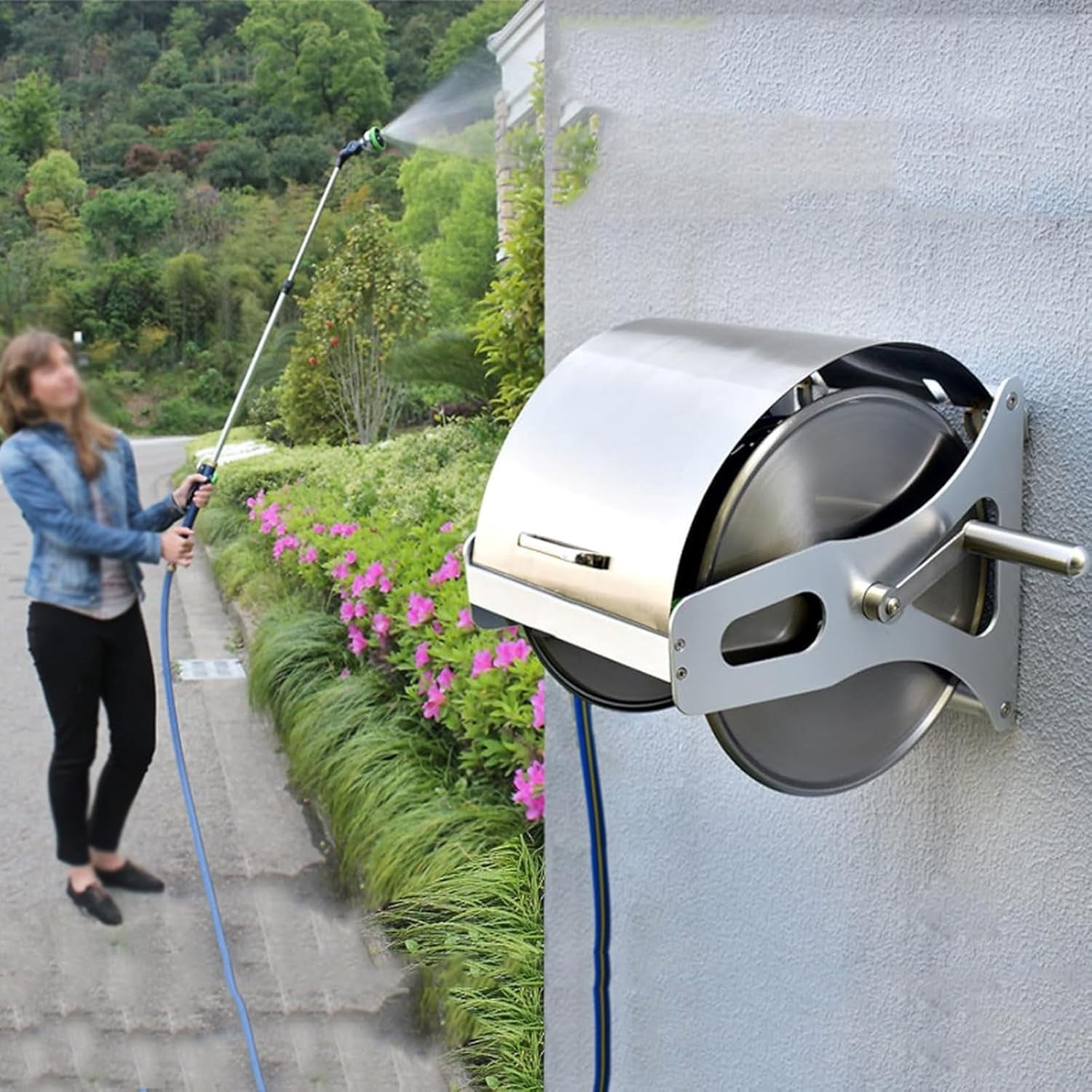 Stainless Steel Garden Hose Reel, High Pressure Washer Hose Reel, Wall/Floor Mounted Metal Water Hose Reel with Handle and Mounting Bracket, for Yard Garden Farm and Patio