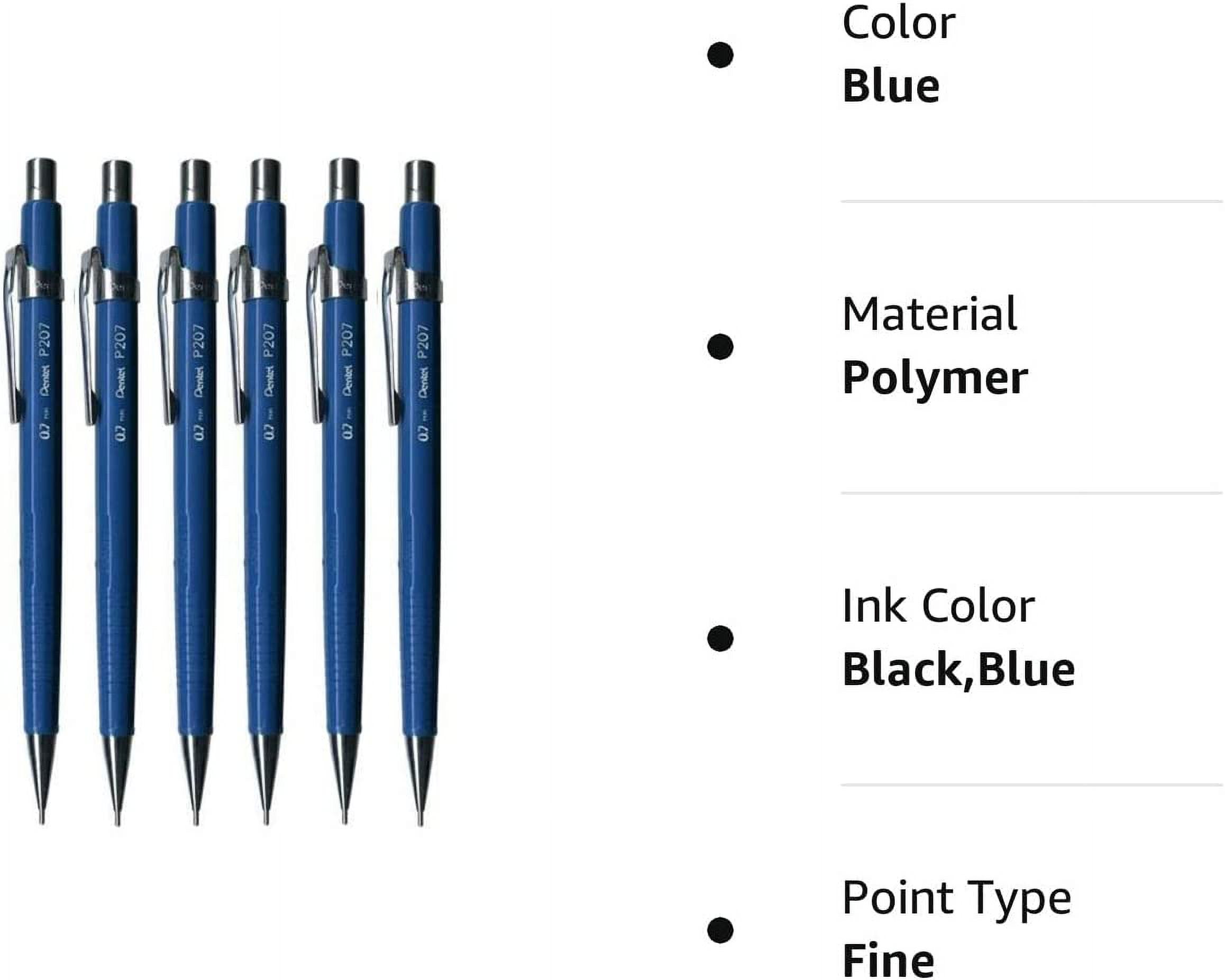 Pentel 0.7mm (P207-C) Blue P200 Series Automatic Mechanical Drafting Pencil Refillable Lead Eraser (Pack Of 6)