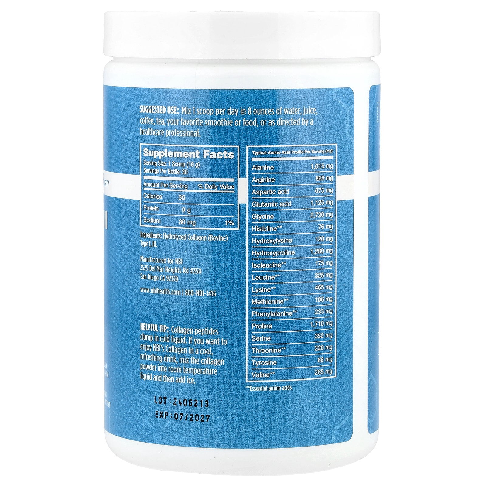NBI Health Hydrolyzed Collagen Types I & III, Unflavored, 10.58 oz (300 g)