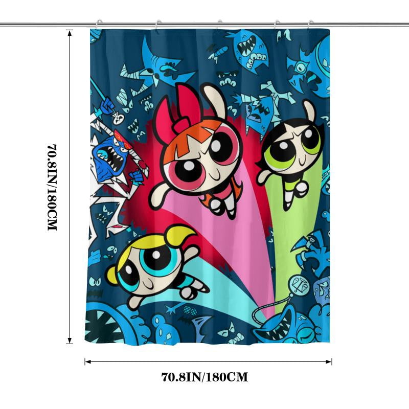 Lheaggik Cartoon Powerpuff Girl 4 Pcs Bathroom Sets with Shower Curtain and Rugs, Waterproof Polyester Shower Curtain Sets with Hooks