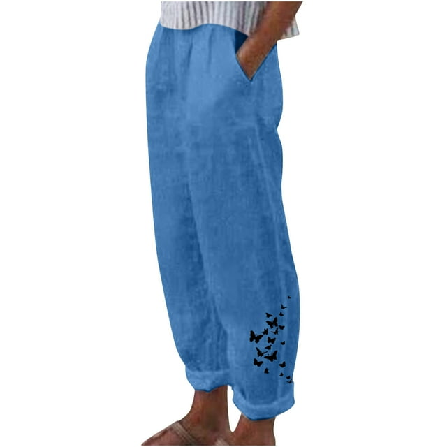 MITCOWBOY Pantalons pour Femmes Pantalons Décontractés Raccourcis pour Femmes Pantalons Capri avec Poches Pantalon Large Léger Capris Pantalons Larges Femme Pantalons en Lin Femmes Bleu L Liquidation!