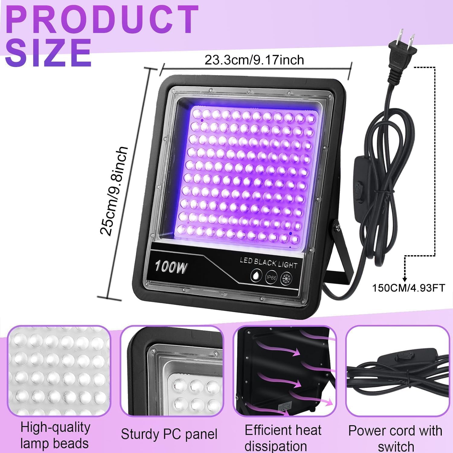100W Black Light, Upgraded 2 Pack LED Black Lights for Glow Party, IP66 Waterproof Black Light, UV Flood Light for Halloween, Christmas, Neon Glow, Fluorescent Poster, Glow in The Dark