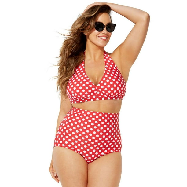 Swimsuits For All Women's Size Diva Halter High Waist Bikini Set 10 Red Dot, Red -
